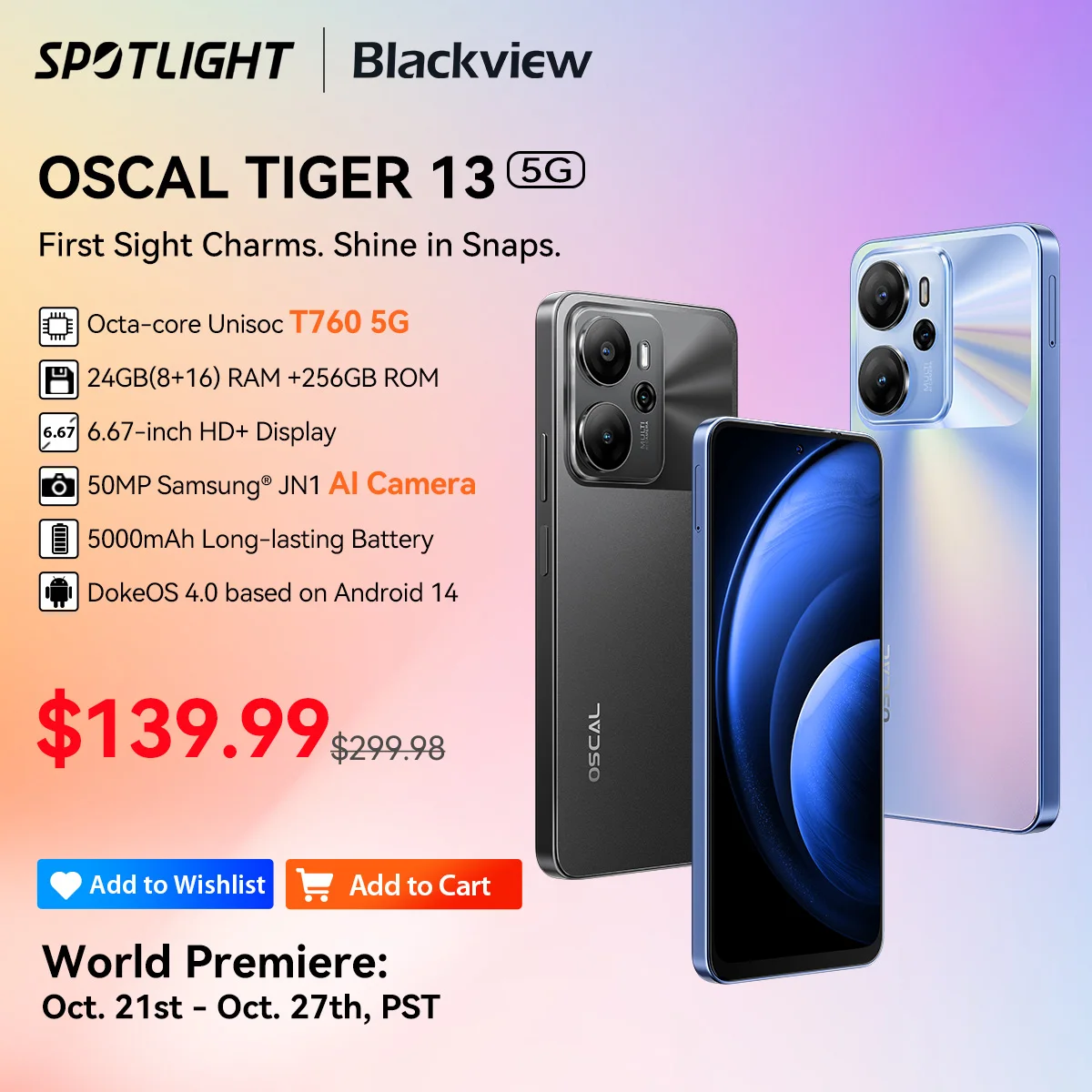 

[Мировая премьера] Смартфон Blackview OSCAL TIGER 13 с 6,67 - дюймовым дисплеем, T760 5G, 24 ГБ (8 + 16) оперативной памяти 256 ГБ ROM, 50 МП 5000 мАч Android 14