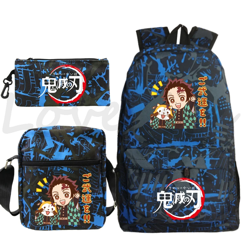 Anime Demon Slayer Kamado Tanjiro Backpack 3pcs/set Boys Girls Students Top Quality Bookbag Funny Cartoon Children School Bags