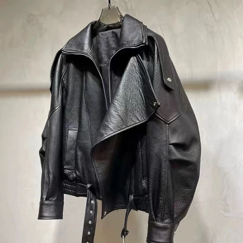 Spring Autumn Oversized Pu Leather Jacket Women Long Sleeve Zip Up Luxury Designer Retro Clothing Chic Street Locomotive Outwear
