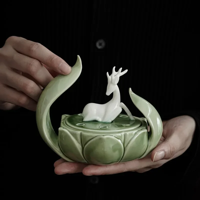 Creative Ceramic Deer Incense Burner Zen Lotus Aromatherapy Holder for Agarwood Blocks Home Indoor Decoration Ornament Plate