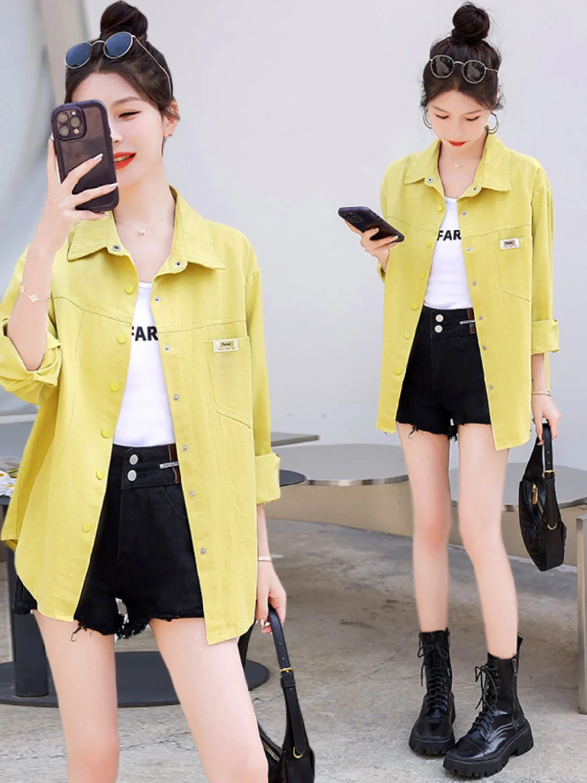 

Желтый джинсовый топ irt Jaet, женский весенне-осенний свободный повседневный длинный топ све, корейский универсальный топ на пуговицах для поездок на работу и ветер