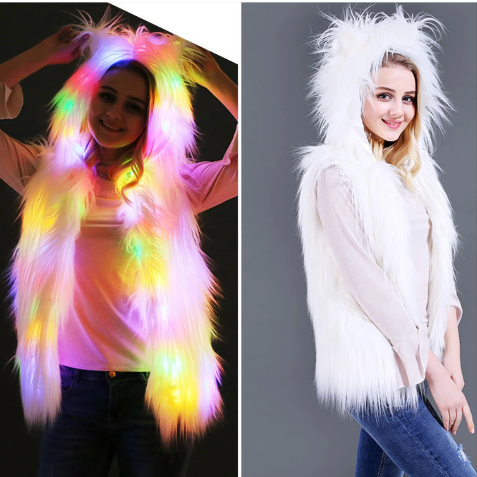 

LED Light up Faux Fur Hoodie Vest Women Music Festival Party Rave Outfit Nightclub DJ Singer Glowing Stage Performance Wear