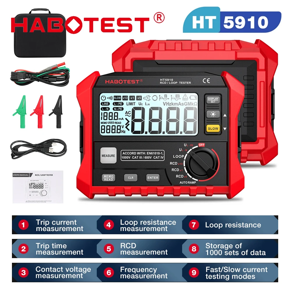 HABOTEST HT5910 Resistance Meter RCD Loop Tester Ohmmeter Loop Resistance RL Current Test Voltmeter Frequency Digital Megometer