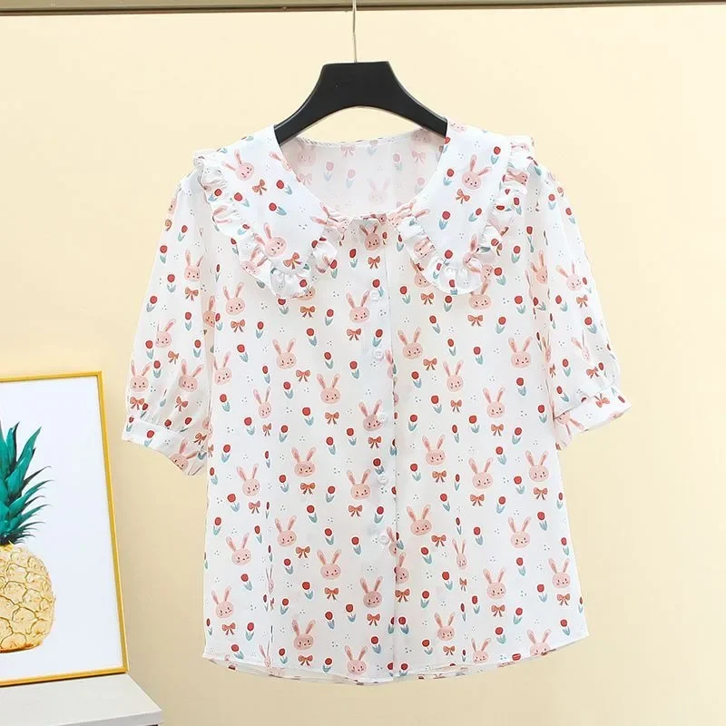 Camisa estilo playero con estampado completo de cereza y un solo pecho con cuello Peter Pan para mujer, camisas bonitas para vacaciones, blusa femenina, novedad de verano 2025
