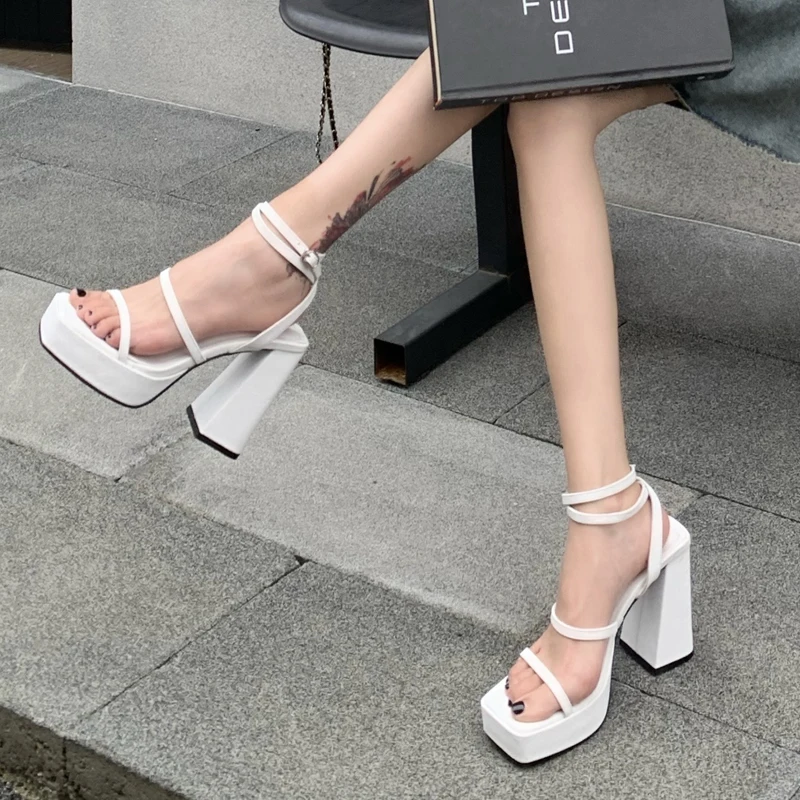 11cm Heeled Sandals Women Square Toe Belt Platform Shoes White Comfort Party Dress Shoes Summer Chunky Heels Sandalias Mujer image 2