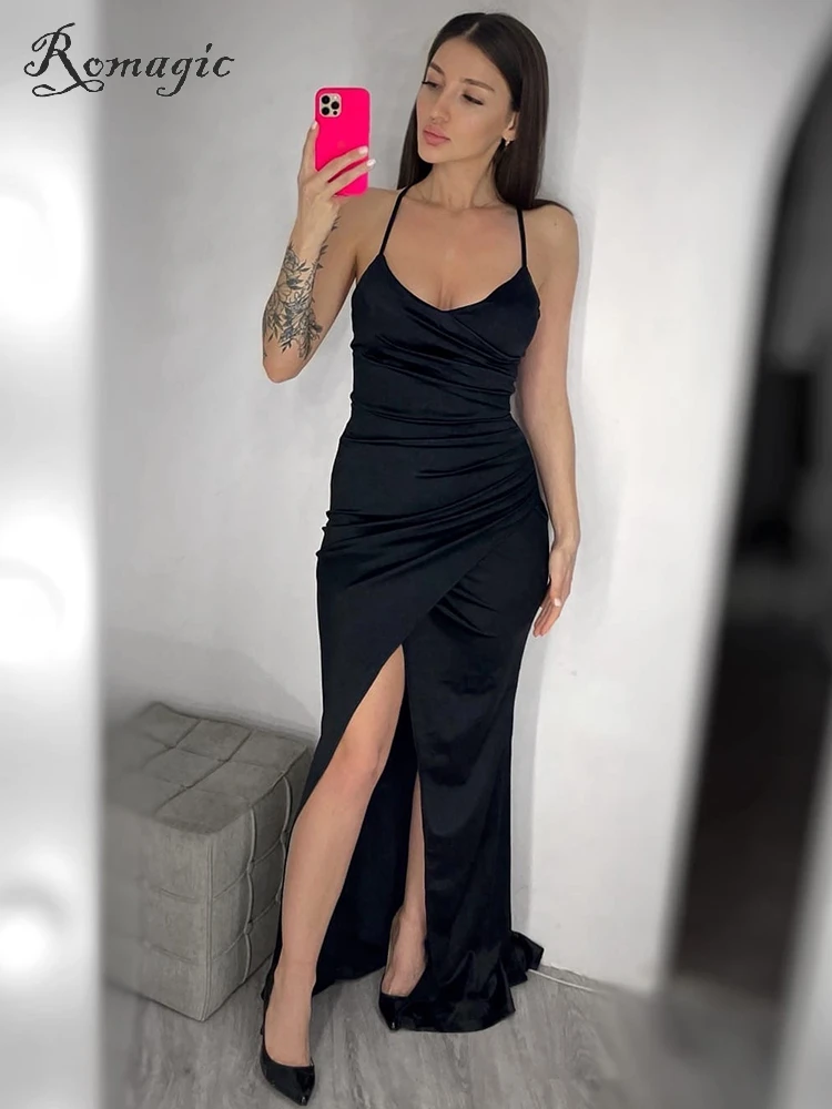 Romagic Summer Sexy Lace Up V Neck Padded Black Cocktail Prom Dress Satin Stretch Pleated Split Maxi Evening Party Dresses 2024