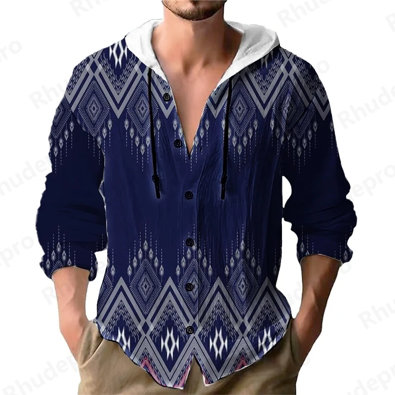 Men's 2025 Shirt Solid Color Long Sleeve Hoodie Cardigan Long Sleeve National Style Casual Loose Button Man Hooded Shirts