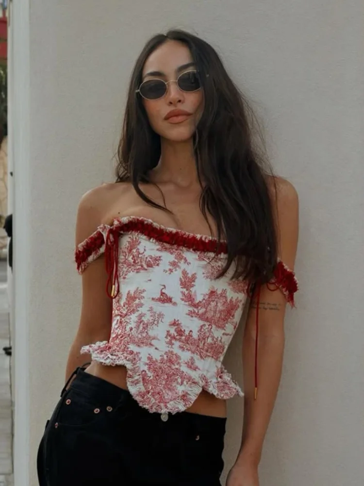 

Винтажный красный топ-бюстье с принтом, женский, с открытыми плечами, с рюшами по краю, с завышенной талией, модный, сексуальный, облегающий, шикарный летний топ для женщин