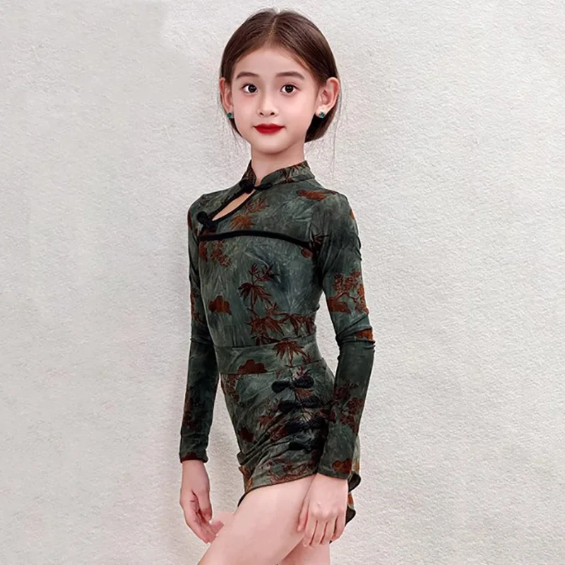 Volwassen vrouwen groene print Latin dans bodysuit en visgraat rokken professionele nationale standaard sociale Rumba danskleding kostuums