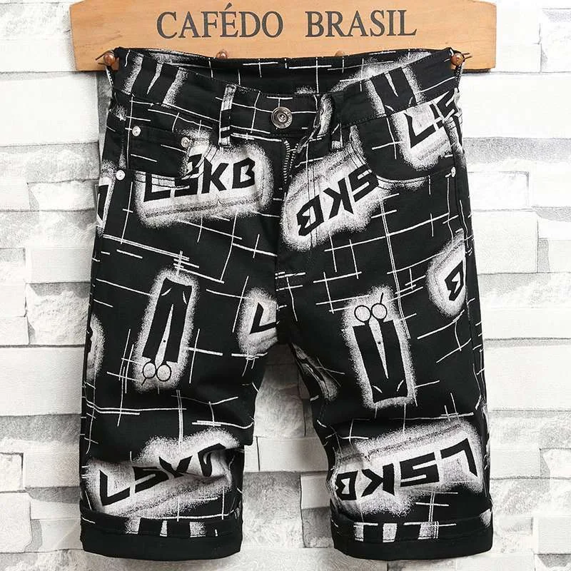 

Summer New Fashion Trend Printed Retro Sports Straight Leg Denim Shorts for Men's Casual Loose Elastic High-Quality Jeans