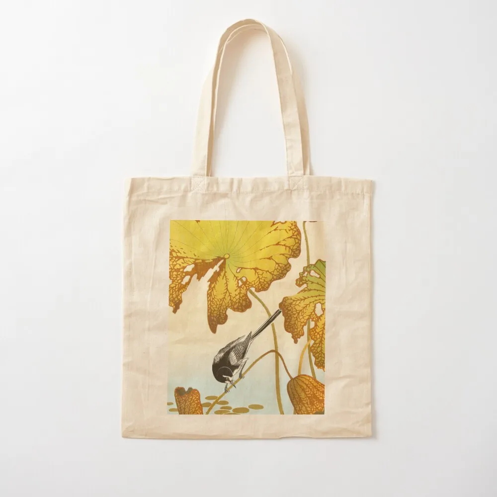 Japanese wagtail on lotus plant (1925 - 1936) by Ohara Koson Tote Bag shopper bags shopping cart bags Canvas Tote Bag