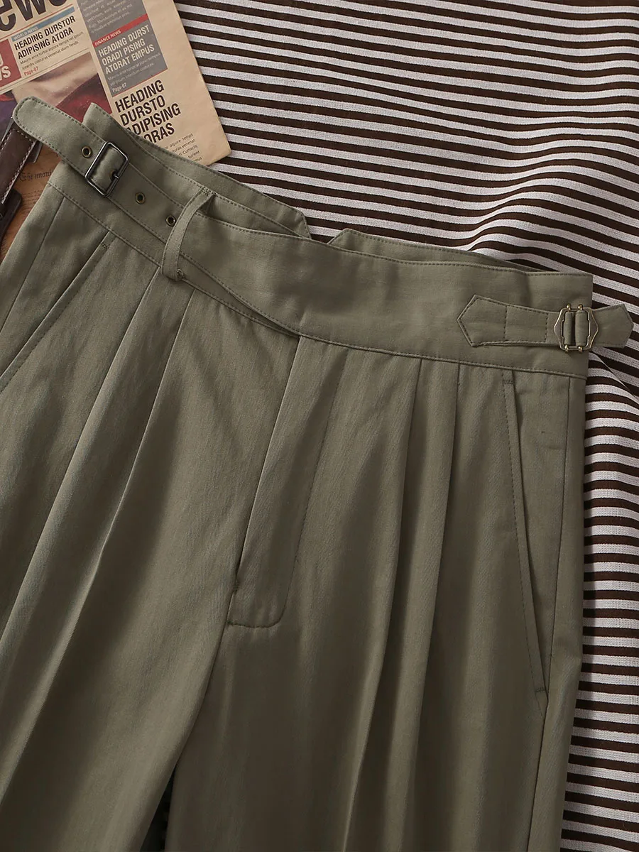 homemade three generation silhouette pants men's loose straight Paris button adjustable casual pants herringbone pattern gre