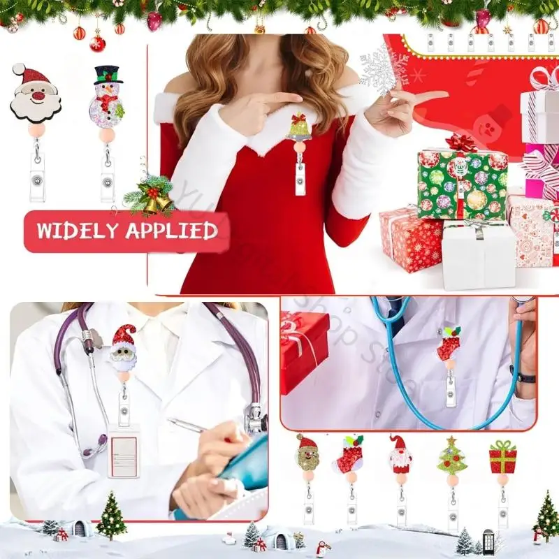 96BA 5Pcs Christmas Retractable Card Badge Holder with Clip for Access Cards Accessory, Clip-On Pass Card Badge Holder for
