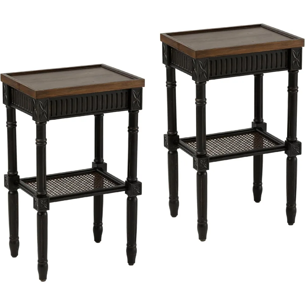 Rustic Farmhouse Cottagecore Accent End Table Set of 2, Distressed Accent Side Table with Espresso Tray Top and Woven Wicker