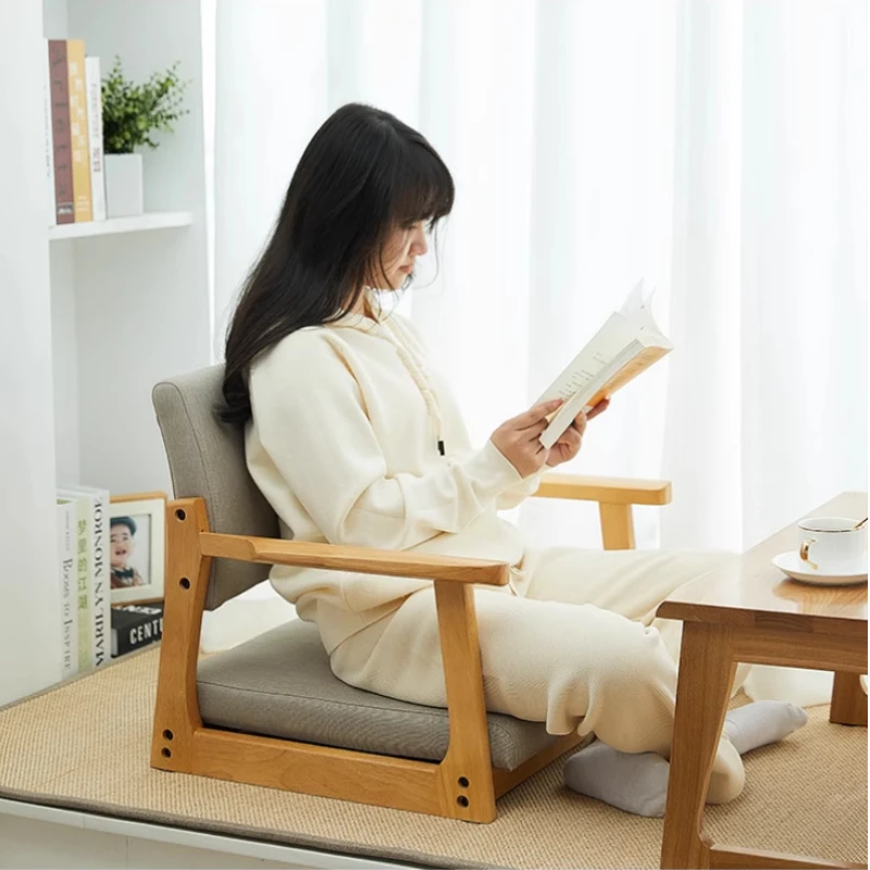 Japanese Bay Window Floor Chair Solid Wood Armrest Seat for Tatami Legless Meditation Stool