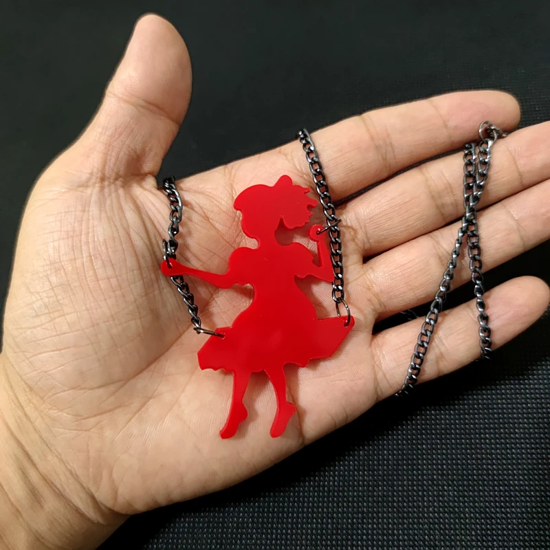 KUGUYS Cute Little Girl on the Swing Pendant Necklaces for Women Fashion Jewelry Red Acrylic Necklace Trendy Accessories Gift