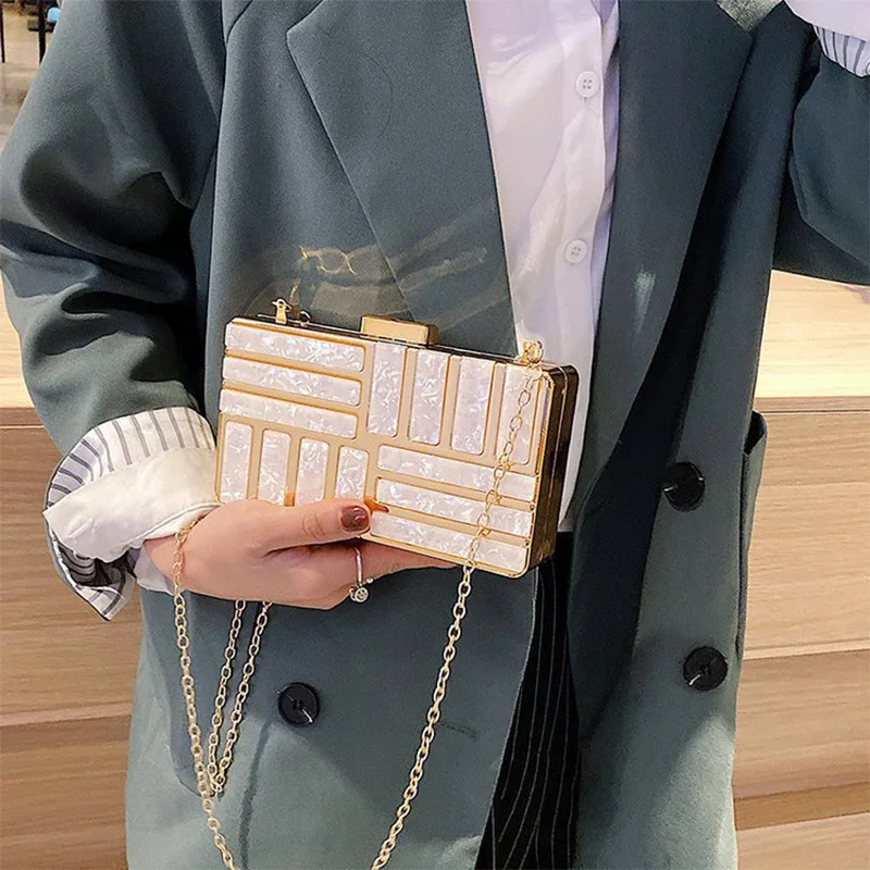 

Marble Pattern Acrylic Bag Elegant New Luxury Diamond Evening Bag For Woman Party Wedding Clutch Bag Metal Chain Crossbody Bag