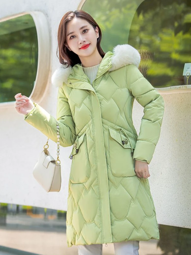 2XL Winter Thicken Cotton Coat Woman Pleated Mid Length Down Cotton Padded Jacket Girls Ladies 3D Versatile Warm Style Overcoats