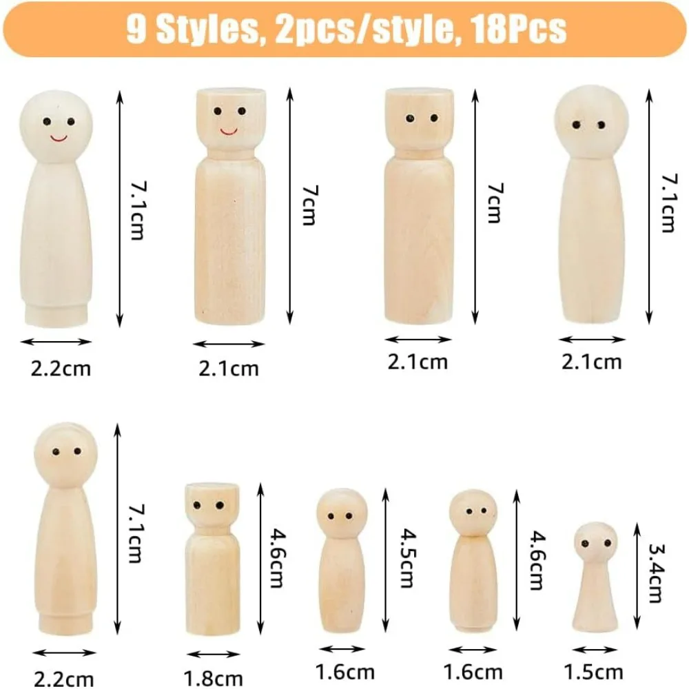 18Pcs 9 Style Wooden Peg Dolls Angel Doll Body Peg Unfinished Blank Wooden Peg Dolls Smlie Face Tiny Doll Bodies People