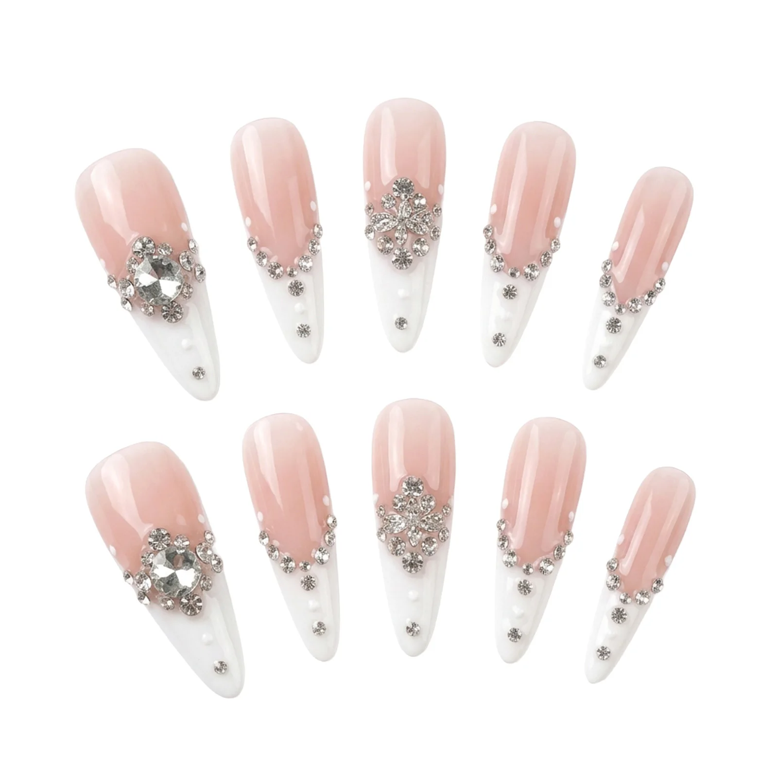 10pcs Handmade False Nails Elegant Nude Pink Gradient French Tip Press On Nails 3D Large Diamond Decor For Women Luxury Reusable view 3
