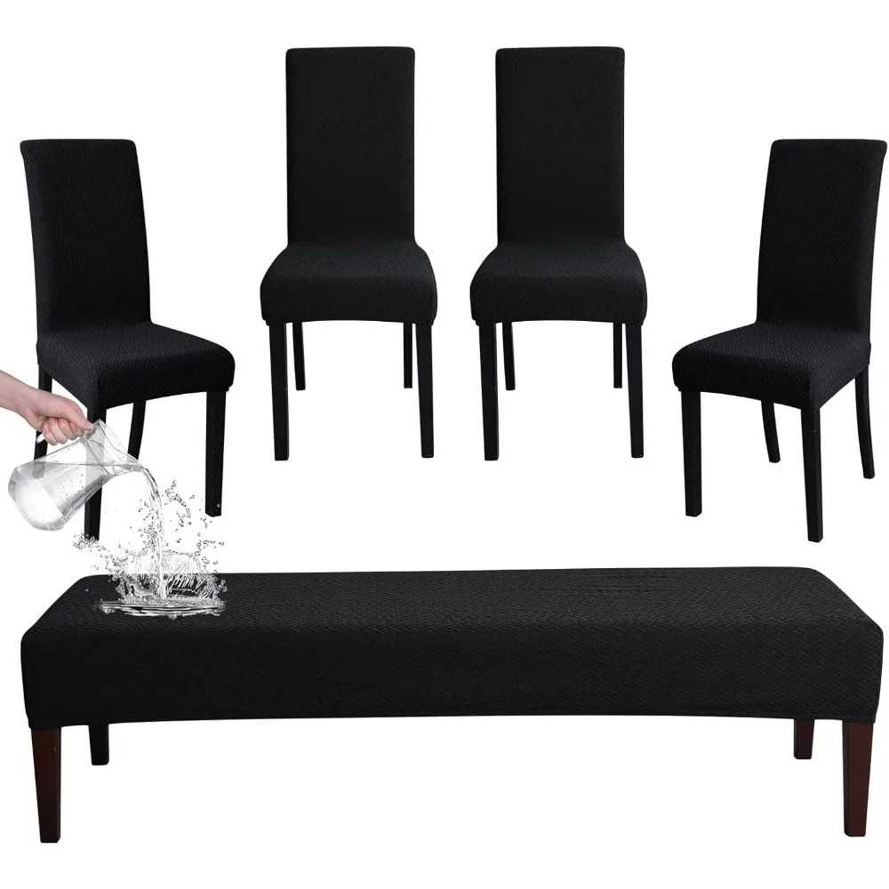 

Waterproof Black Jacquard Dining Chair and Bench Covers Set, Washable for 4 Chairs and a Bench in Dining Room