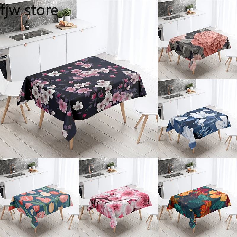 Cherry Blossom Chrysanthemum Tulip Printed Rectangular Tablecloth Antifouling Waterproof Restaurant Kitchen