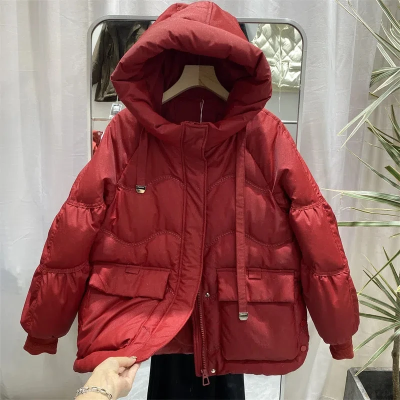 2024 New Winter Women Hooded 90% White Duck Down Coats Glossy Puffer Jacket Female Loose Warm Long Sleeve Parkas Snow Outwear