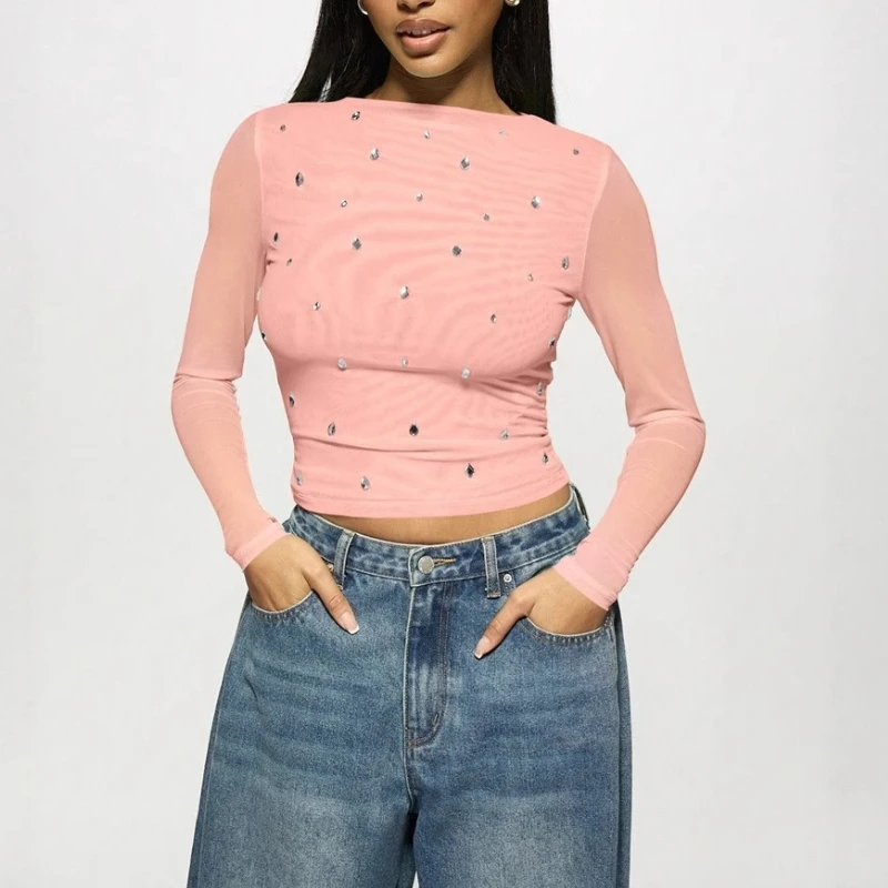 

2025 Summer Women Casual Print Slim Semi Sheer Hollow Out Long Sleeve T Shirt