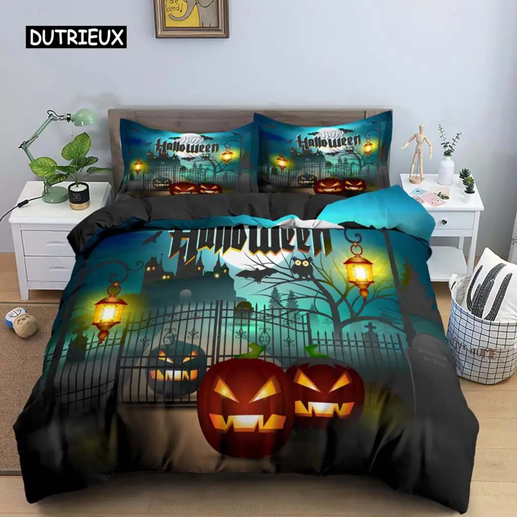 Halloween Duvet Cover Evil Pumpkin Pattern Bedding Set Carnival Night Halloween Holiday Decoration for Teens Boys Bedroom Decor