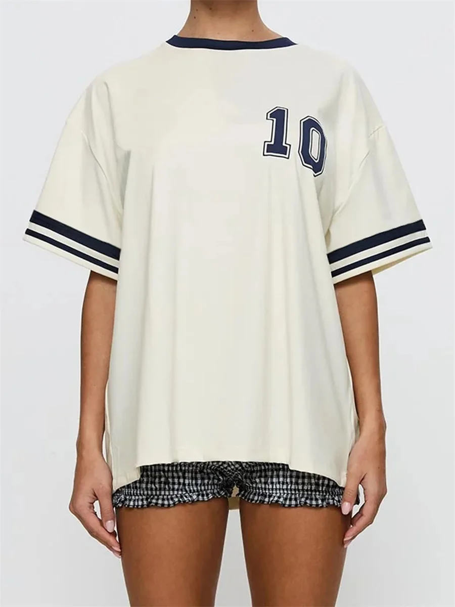 Women’s Casual Crew Neck Jersey Shirts Short Sleeve Letter Print Loose Fit Ringer Tops Summer Loose Fit Sports Football T-shirts