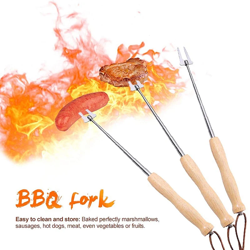 80Cm Barbecue Skewers Stainless Steel Wooden Handle Long Campfire Telescopic Extendable BBQ Fork Barbecue Accessories