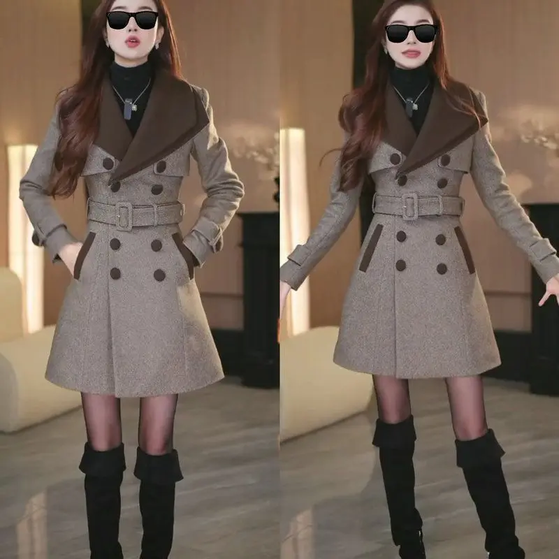 

Ele Autumn Winter Woolen Coat Double Breasted Midi Length Color Blo Collar Faionable Versatile Women's Thiened Jaet