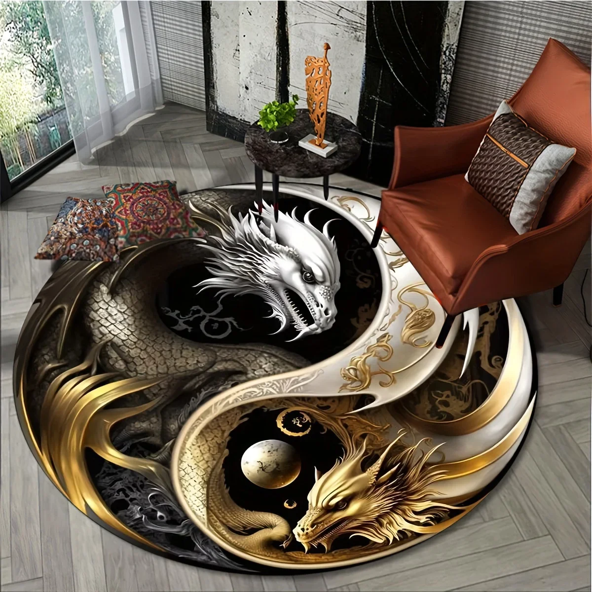 Black and Gold Yin Yang Dragon Circular Rug, Non-Slip Oriental Style Floor Mat for Living Room & Home Decor