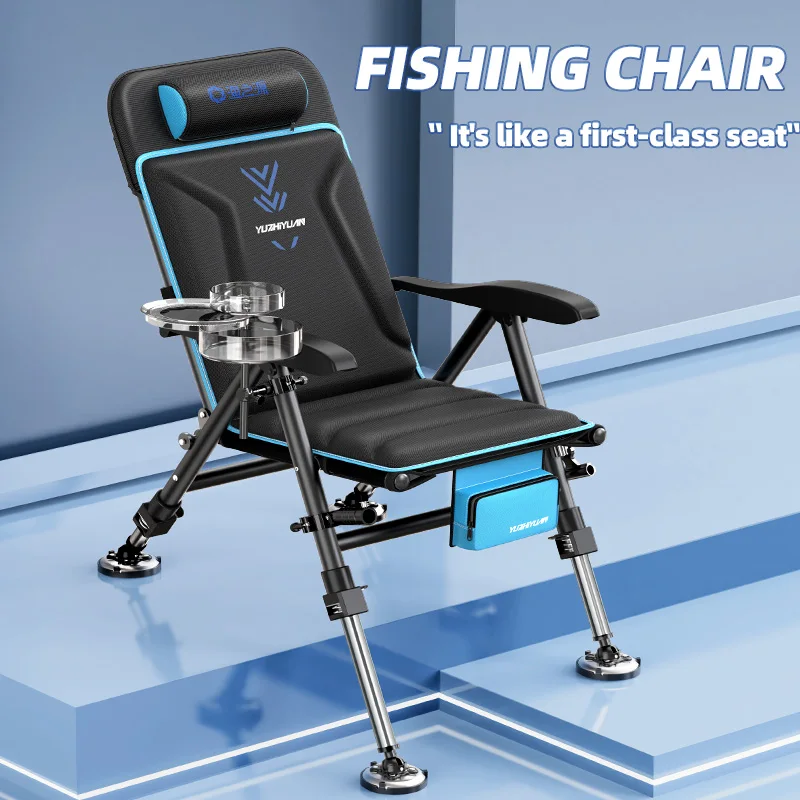 Adjustable Folding Fishing Chair with Armrests and Headrest, High Back Reclining Camping Fishing Seat with Storage Bag