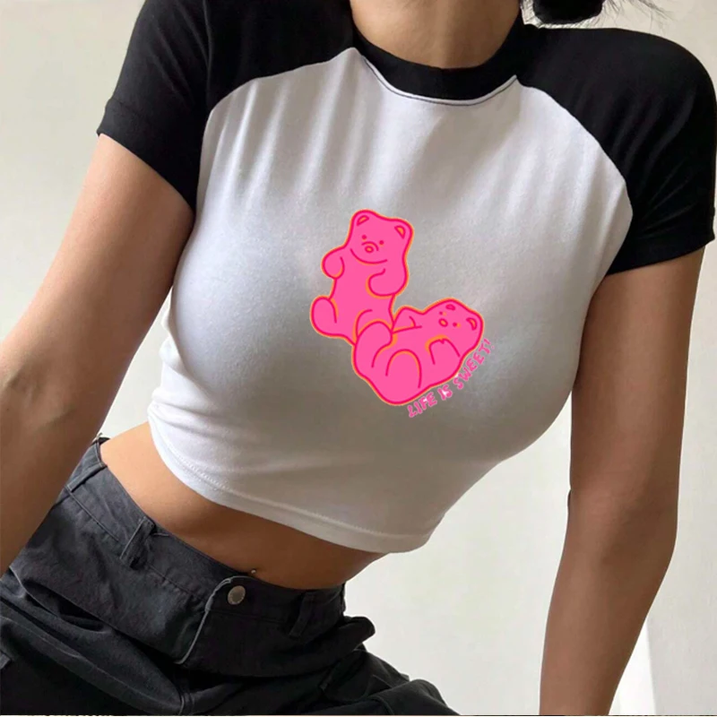 

Bears Y2k Aesthetic Vintage Crop Tops Short Sleeves Women Tee Summer Streetwear Kpop Graphic Fairy Grunge T-Shirt Baby Tee