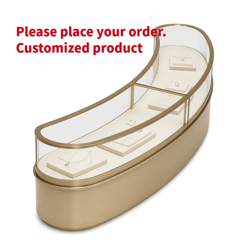 custom.Custom Size Wood Glass Jewelry Display Counter, Curved Glass Jewellery Showcase Watch Necklace Exhi