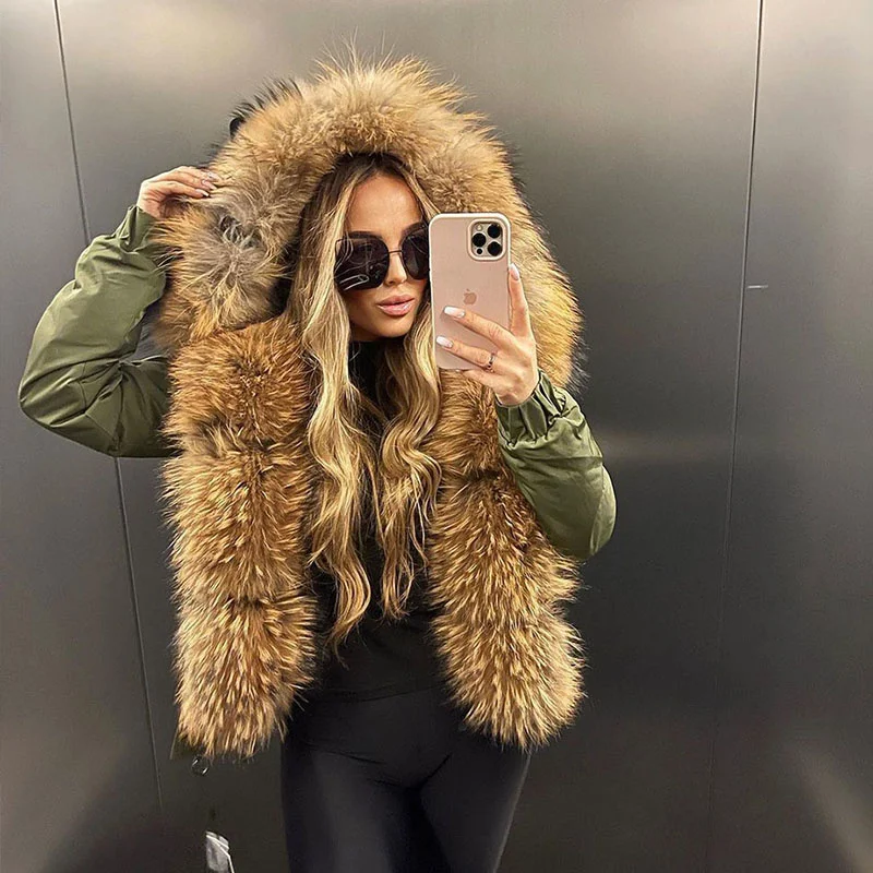 

Jackets and Fur Women Coats 2023 Real Fox Fur Coat Female Natural Raccoon Big Fur Collar Parka Bomber Jacket Streetwear Women