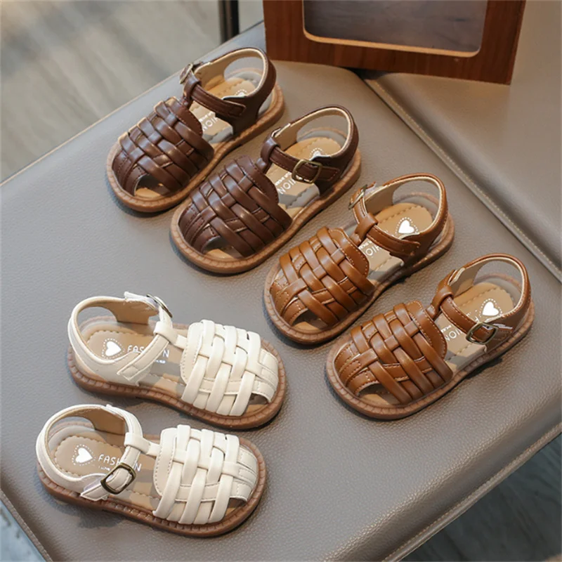 2025 New Summer Kids Sandals For Girls  Leather Cut-outs Closed Toe Shoes Soft Sole Fashion Toddler Kids Sandals 22-31