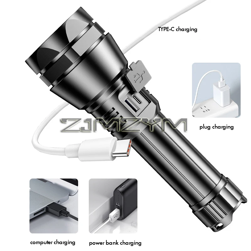 LED-Taschenlampe, wiederaufladbar, USB-Taschenlampe, superhelles Handlicht, Notfall, multifunktionales Camping-Angellicht, 26650-Akku