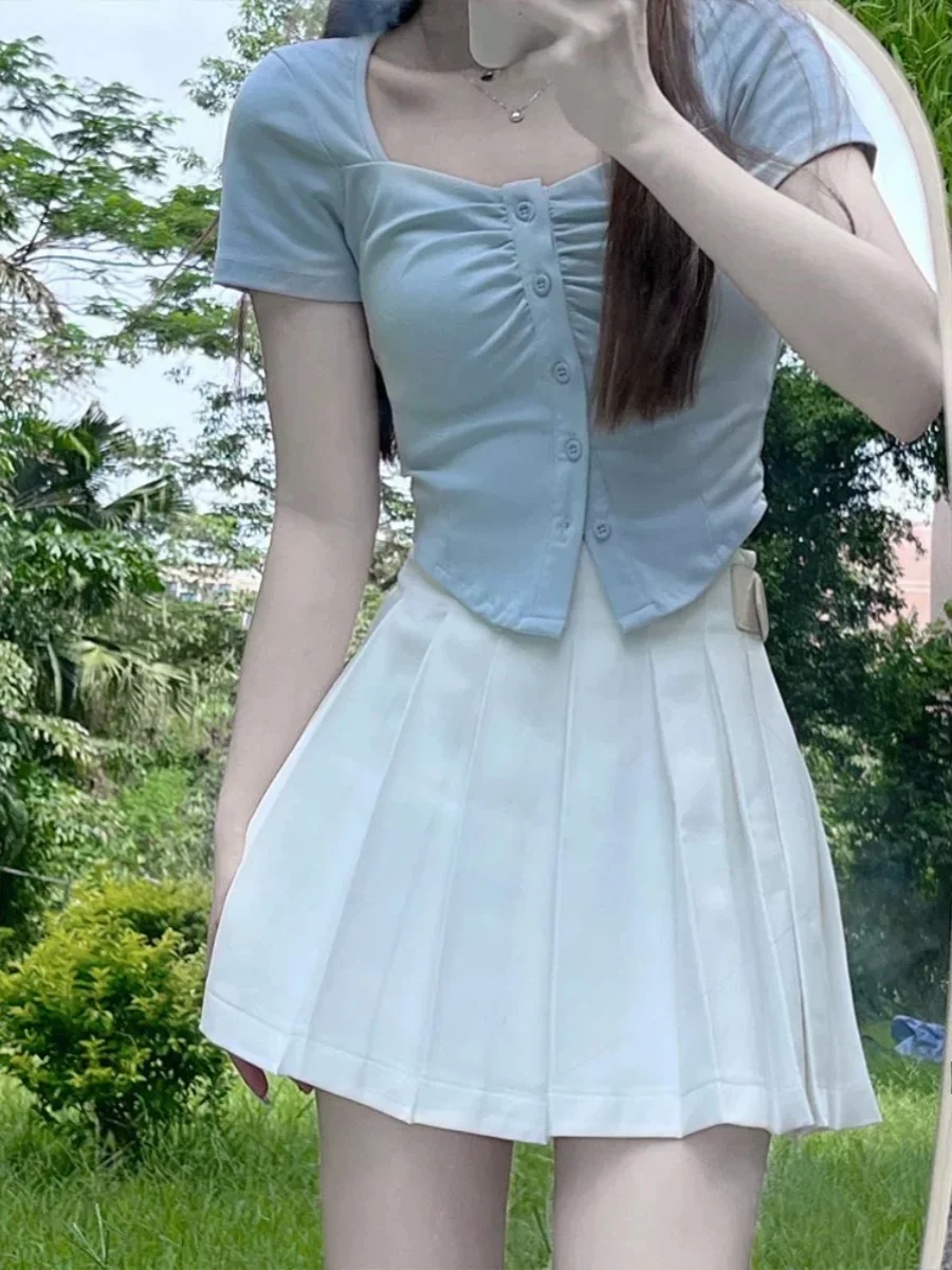 Niebieski Słodki Asymetryczny Plisowany Top Damski Letni Oryginalny Pikantny Czysta Pożądanie Dekolt V