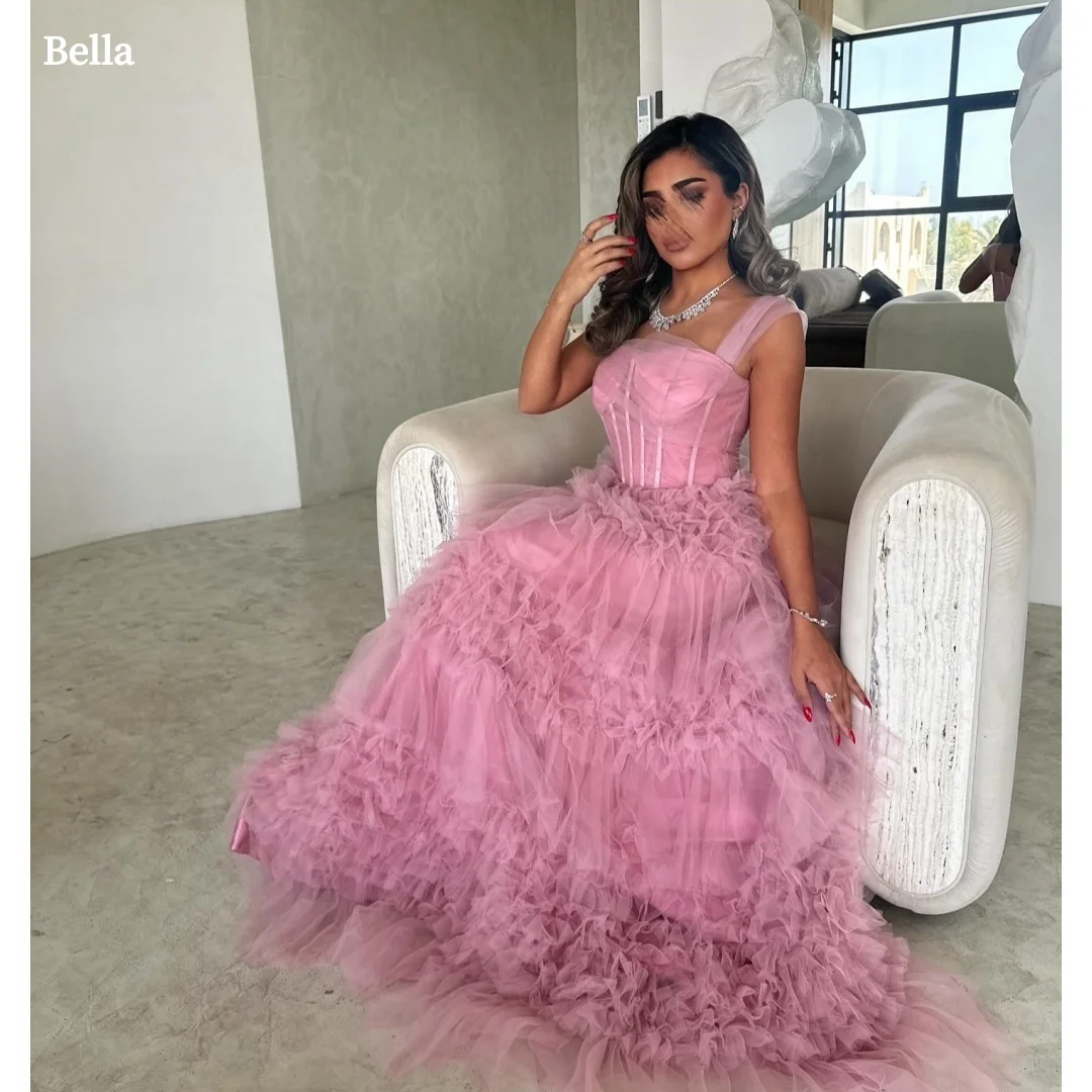 

Многослойное сетчатое платье Bella на тонких бретельках по индивидуальному заказу, вечерние платья с открытой спиной, розовое платье для выпускного вечера длиной до пола