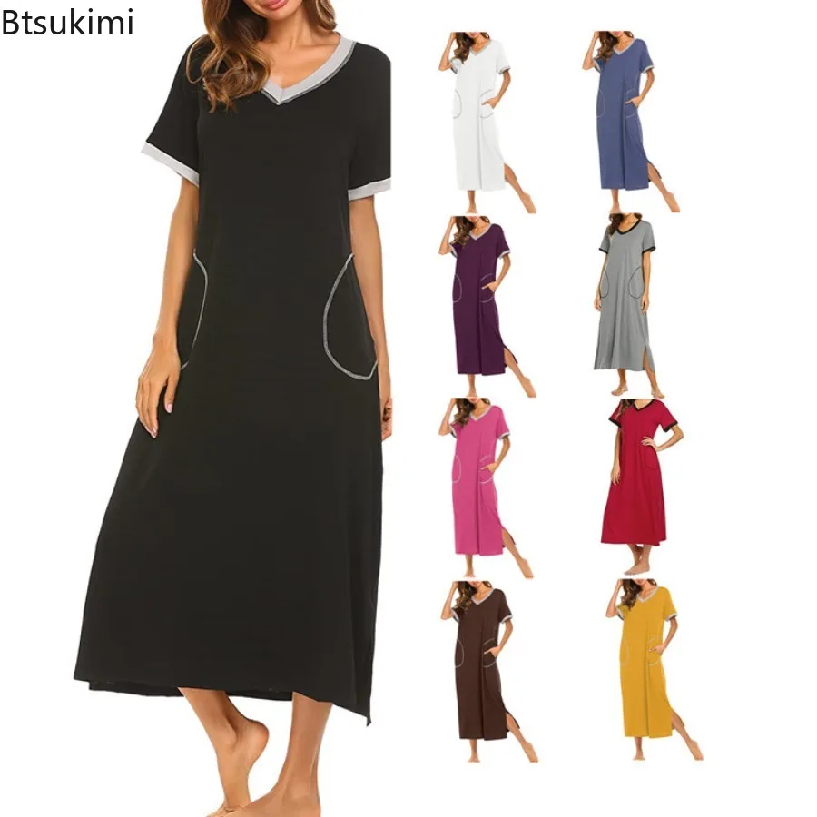 2026 Nightgown Dress for Women Short Sleeve Nightshirt Full Women Ultra-Soft Sleepwear Round Neck Side Slit Dress with Pockets