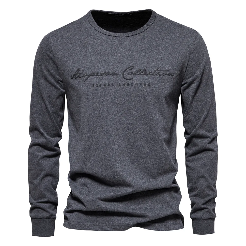 

New Spring 100% Cotton Long Sleeve Mens T Shirt Solid Color Letter Print Casual T-shirts for Men Quality Tops Tee Mens Clothing