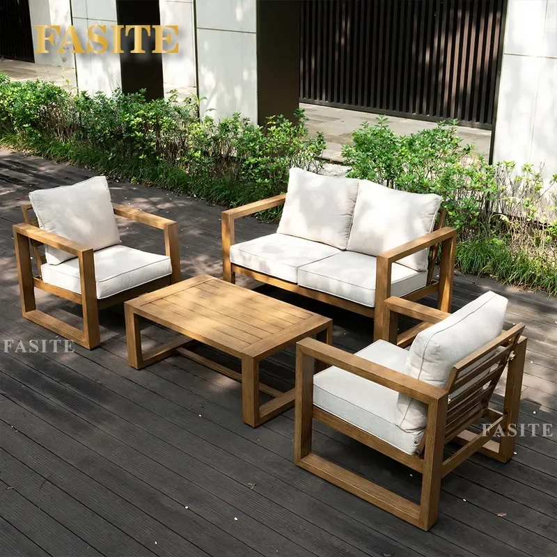 For Outdoor Patio All Aluminum Alloy Imitation Wood Grain PE Sofa Coffee Table Set Waterproof Sunscreen Cushion Balcony