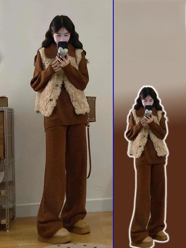 

Повседневный свободный вязаный свитер большого размера для полных женщин, комплект из двух предметов с широкими брюками и жилетом из овчины для женщин