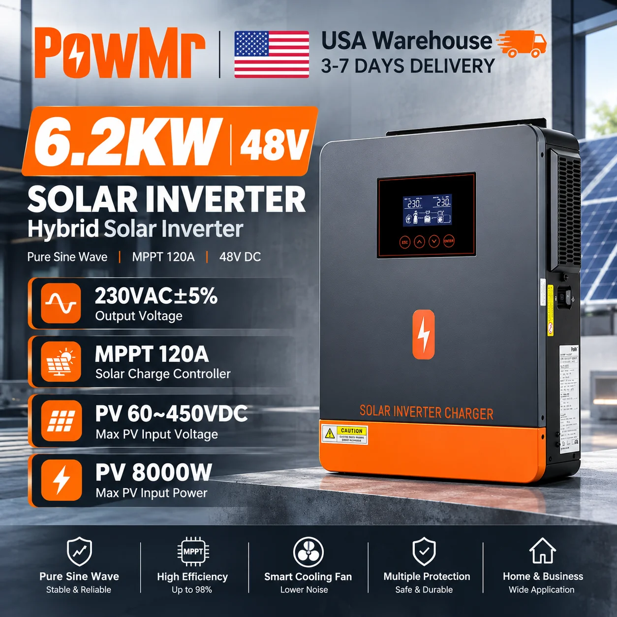 PowMr USA 6.2KW 6200W 48V Hybrid Solar Inverter Charger Pure Sine Wave 60-500V DC PV 8000W Max, 48V Lead Acid Lithium Battery Dual Communication Remote Monitor Auto Switch for Home Off-Grid Power 50Hz/60Hz Full Protection