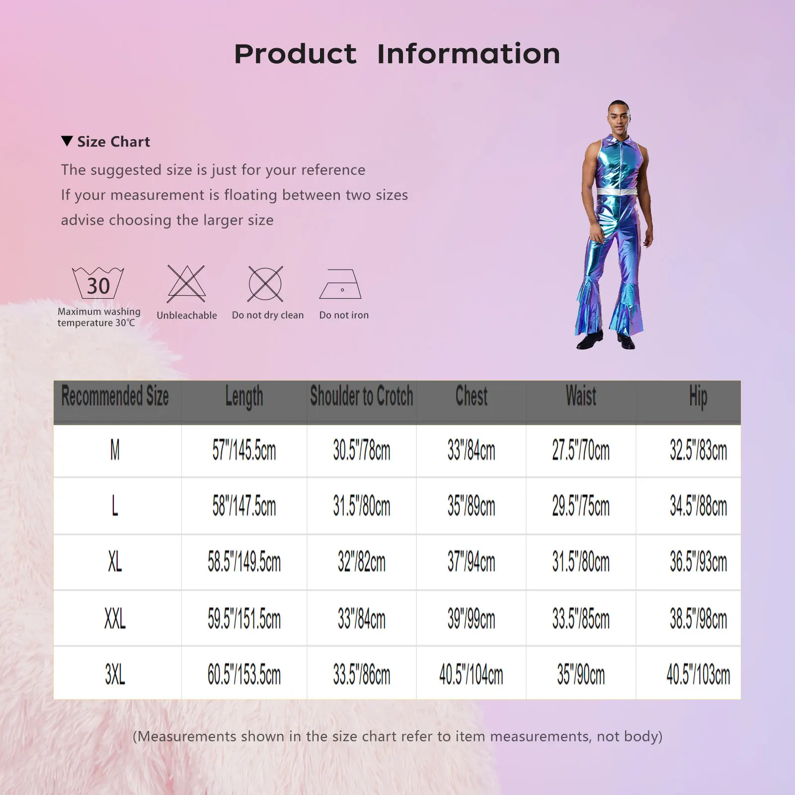 남성용 글램 록 가수 의상, 반짝이는 메탈릭 점프수트, 라펠 칼라와 하이웨이스트 디자인, 무대 공연 및 디스코 댄스웨어