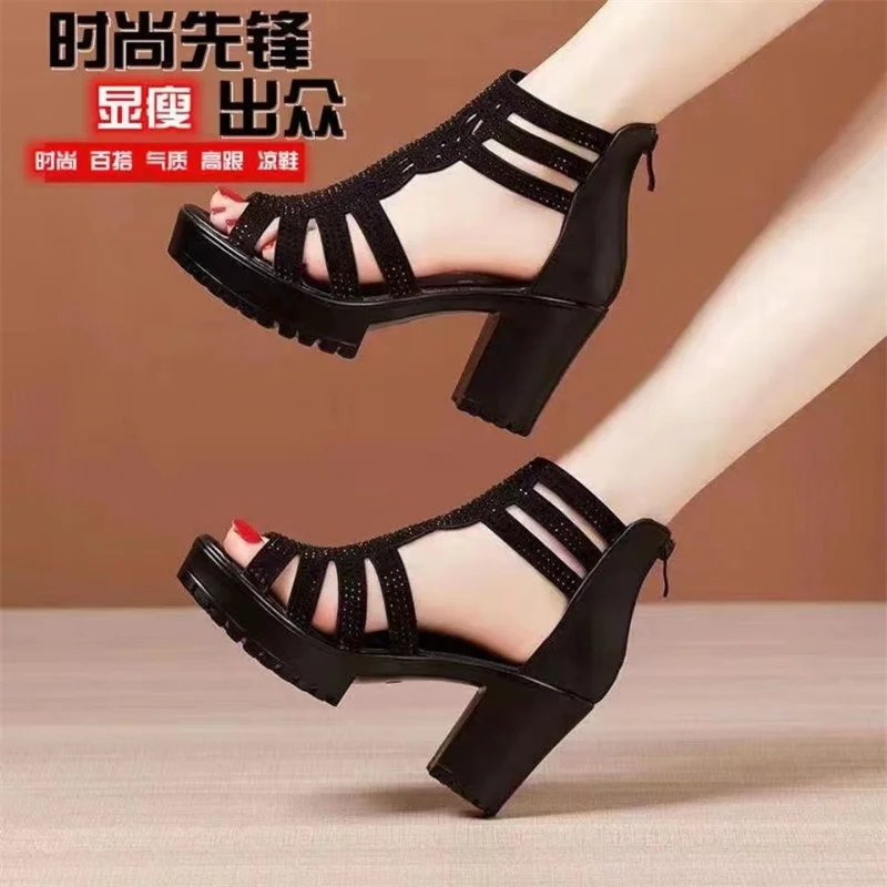 Summer Women's Hollow Roman Sandals High Heels Girls Casual Sandals Open Toe Fish Mouth Shoes Striped Slim High-top Shoes