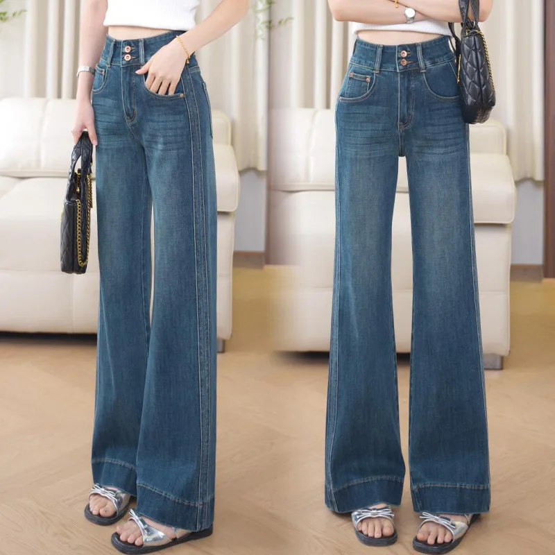 

Fashion High-Waisted Jeans for Women, Autumn Versatile Double-Breasted High-Waisted Loose Slimming Straight-Leg Flared Pants