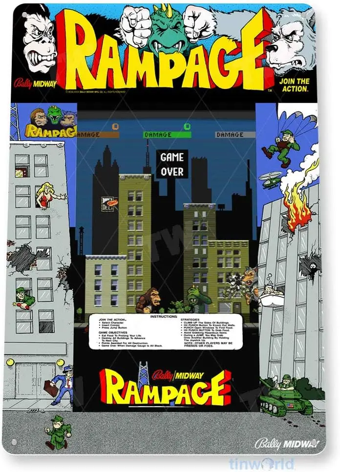 TIN SIGN Rampage Arcade Sign Game Room Sign Shop Marquee Retro Classic Gaming Console C741
